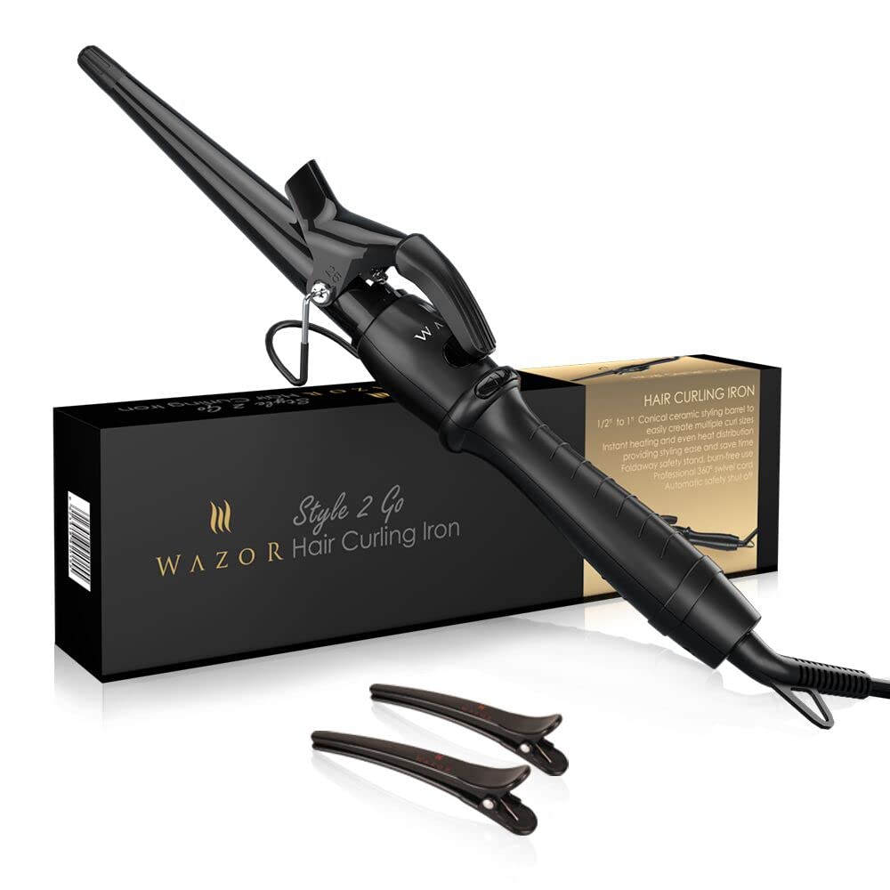 Professional 1-1/2" Tapered Curling Wand with Short Clamp, Ceramic Curling Iron for Long Lasting Curls or Waves, Hair Curling Iron Wand