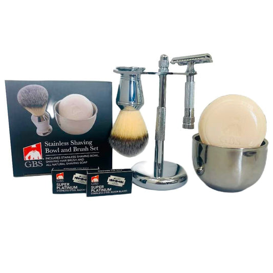 G.B.S Men's Shaving Set With Classic 178 Safety Razor, Shaving Brush Chrome Handle, Stainless Steel Brush Razor Stand, Shaving Bowl With Soap Grooming Beauty and Personal Care G.B.S