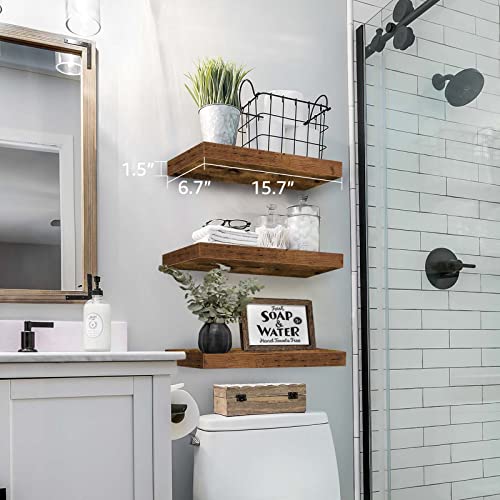QEEIG Floating Wall Shelves – 16" Rustic Brown Set of 3 for Bathroom, Bedroom, Kitchen, Living Room & Farmhouse Decor