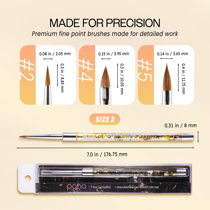 PANA 3D Kolinsky Nail Art Brush - Gold Glitter Handle, Size 2 - Acrylic Nail Art Sculpture Brush for Manicures Pedicure Salon Professional or Beginner Beauty & Personal Care PANA