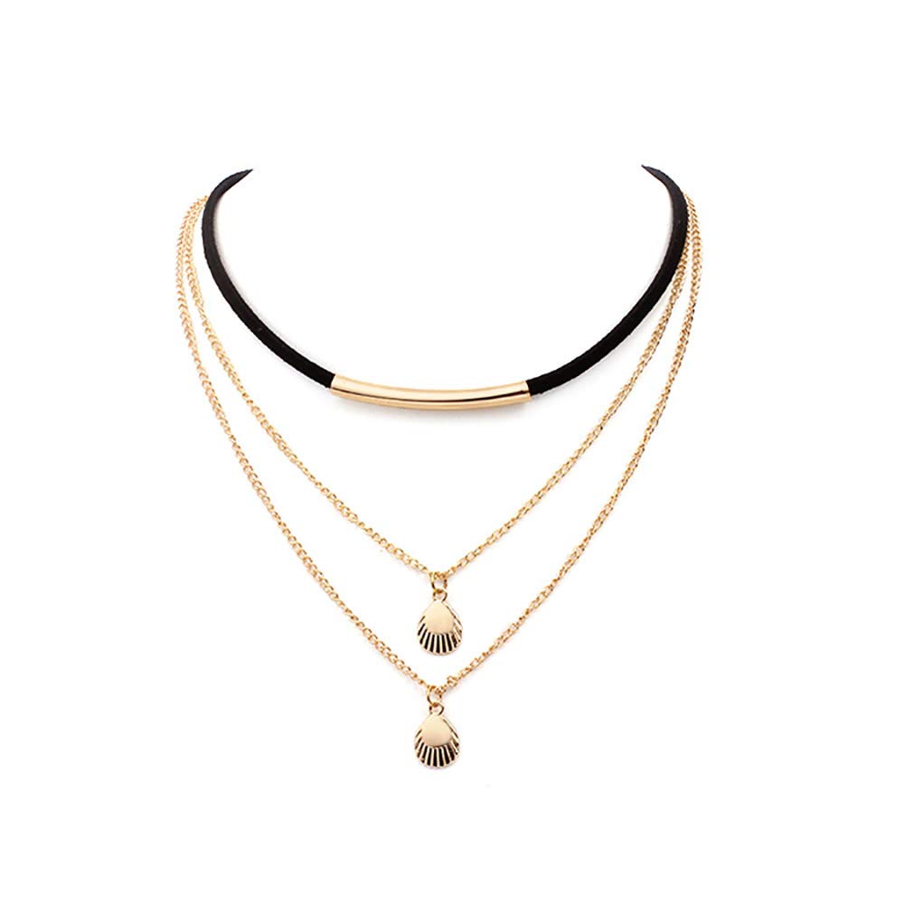 DoubleNine Cowrie Shell Silver Gold Pendant Velvet Choker Ethnic Seashell Boho Chic Women Multilayer Necklace Accessories (gold)