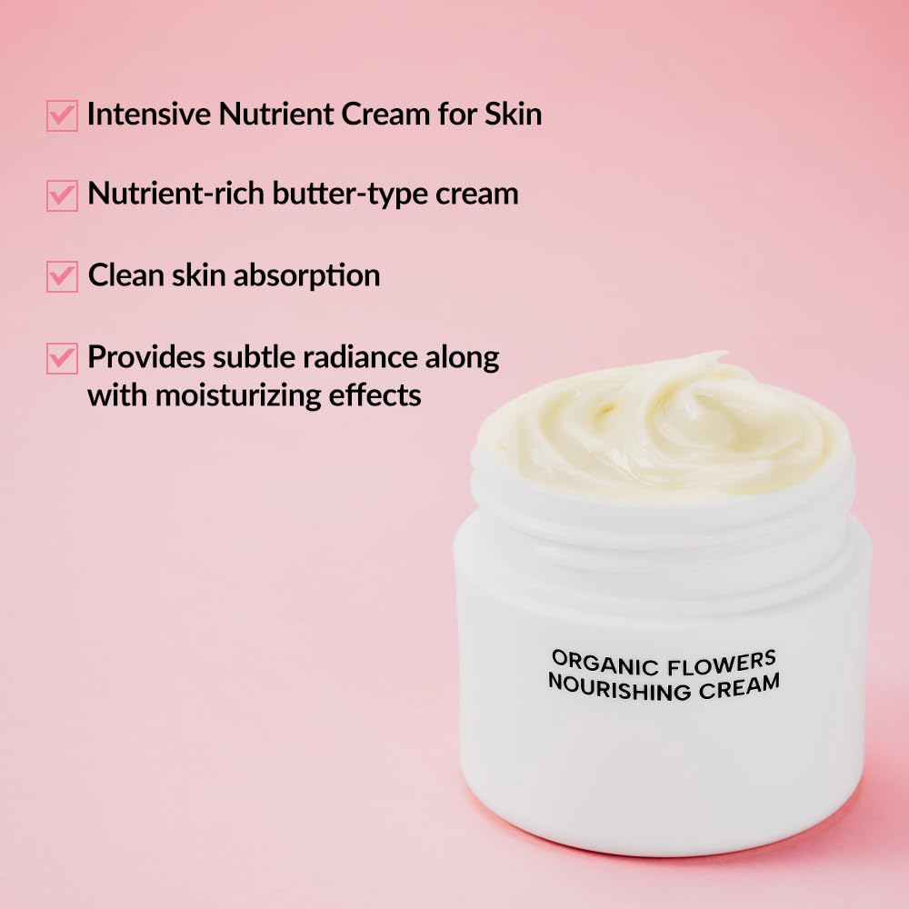 Whamisa Organic Flowers Nourishing Cream, 95.2% Organic, Waterless Formula, Fermented Ingredient Formula for Deep Hydration & Skin Comfort
