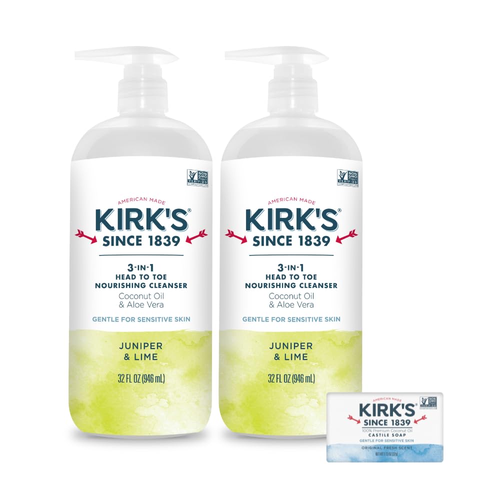 Kirk's Juniper & Lime 3-in-1 Nourishing Cleanser and Travel Bar Soap, Shampoo Body Wash Bubble Bath, Coconut Oil and Aloe Vera, Vegan Non-GMO, 32 Fl