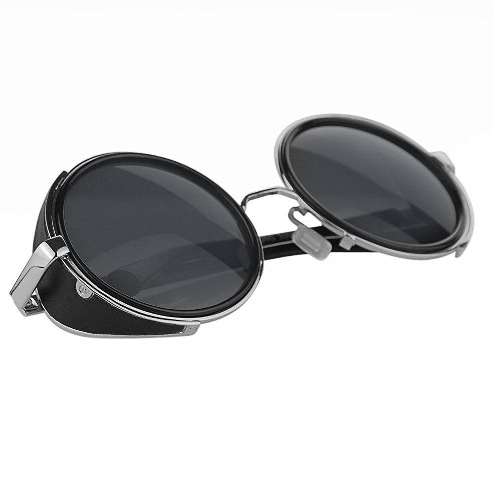 Round Steampunk Sunglasses for Men Women Silver Frame Black Circle Lenses Cyber Goggles Glasses Vintage Retro Design Blinder Fashion Accessories