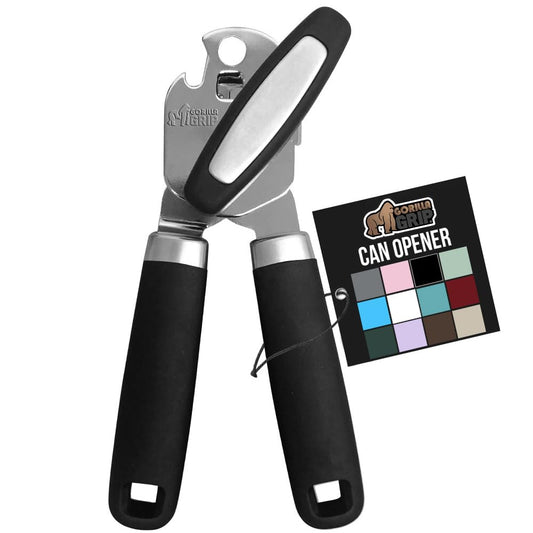 GORILLA GRIP Stainless Steel Can Opener – Smooth Edge Manual Opener with Easy-Turn Knob & Ergonomic Handle – Black