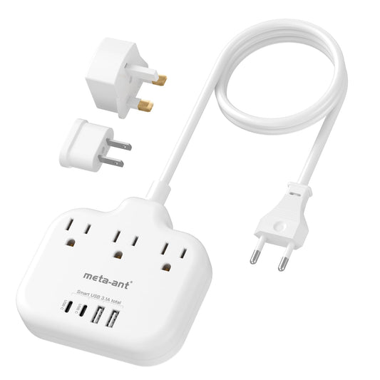 European Travel Plug Adapter – US to EU Power Strip with 3 Outlets, 4 USB Ports & 3ft Cord, Type C Adapter for Germany, France & More