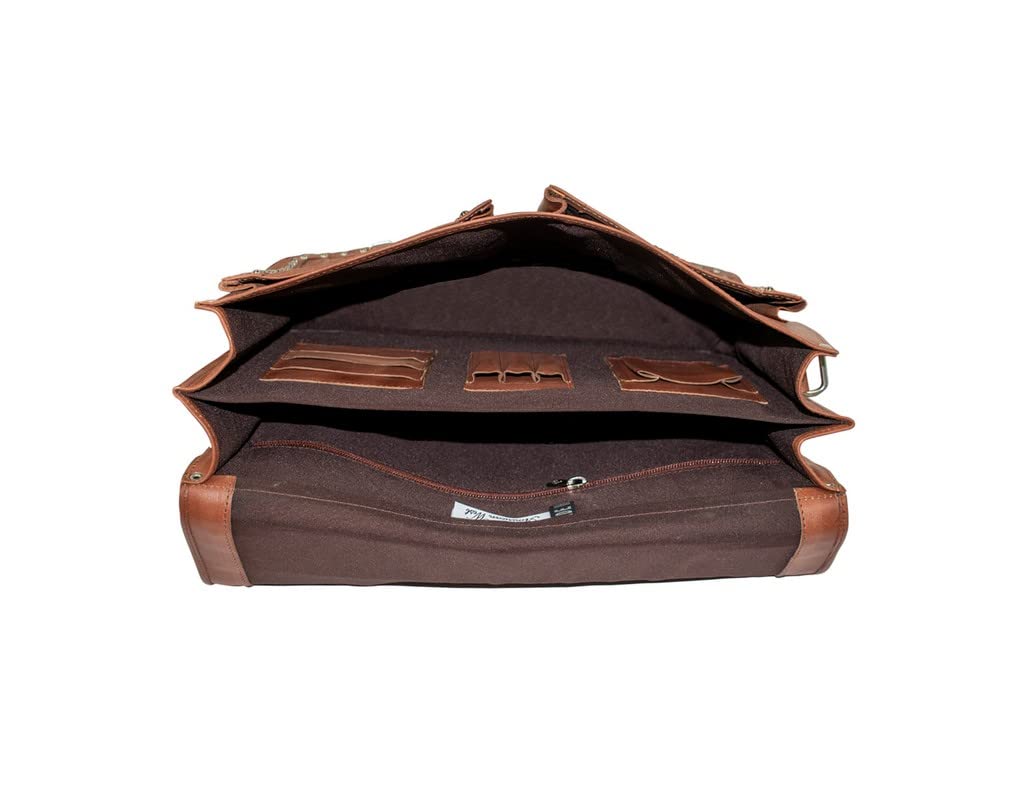 American West Hand Tooled Handcrafted 100% Genuine Leather Multi Compartment Laptop Briefcase for Men and Women | Classic Travel Collection | Western