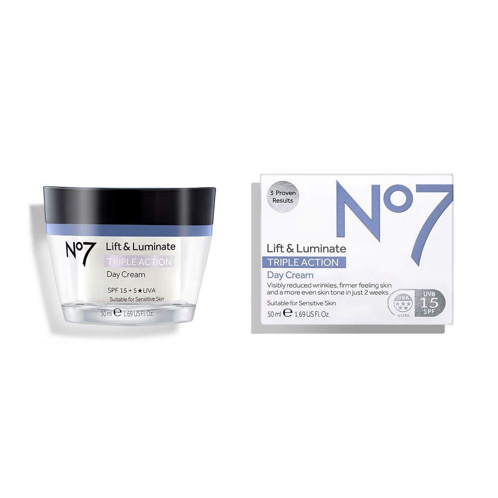 No7 Lift & Luminate Triple Action Day Cream SPF 30 - Broad Spectrum Anti Aging Face Cream - Hydrating Hibiscus Peptides & Hyaluronic Acid +