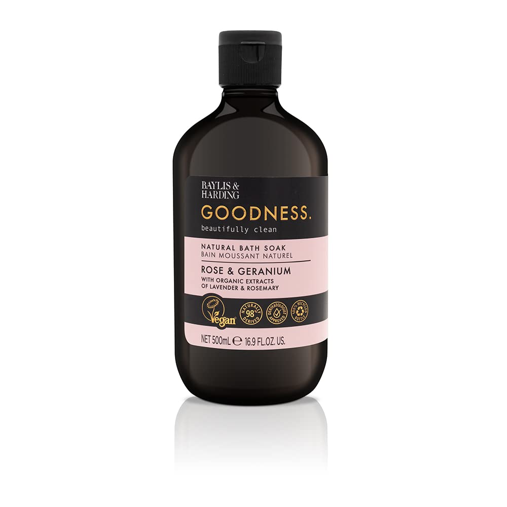 Baylis & Harding Goodness Rose & Geranium Natural Bath Soak 16.9 fl. oz (Pack of 3) - Biodegradable Formula - Vegan Friendly
