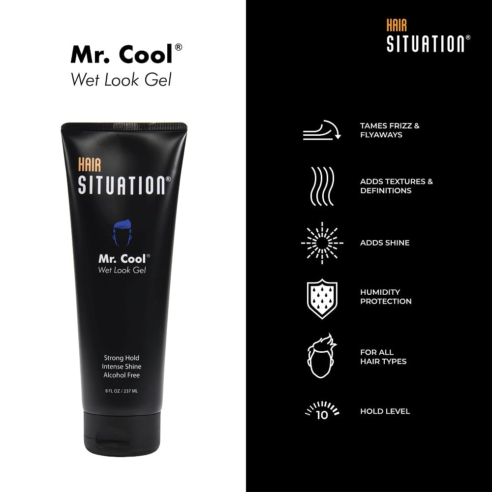 Hair Situation Mr. Cool Wet Look Strong Hold Hair Styling Hair Gel, High Shine, Anti-Humidity Shield, Anti-Frizz Fly Away, Alcohol-Free, No Flake