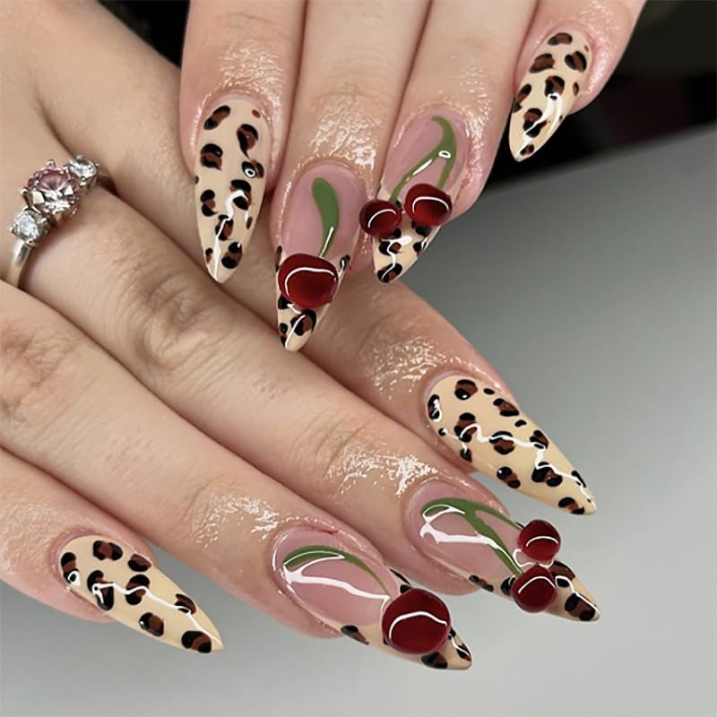 XZMeiLun Spring & Summer 3D Cherry Leopard Print Press On Nails, Medium Almond Cheetah French Tip, Salon Quality Designer Reusable Acrylic Fake Nails Beauty and Personal Care XZMeiLun Default Title