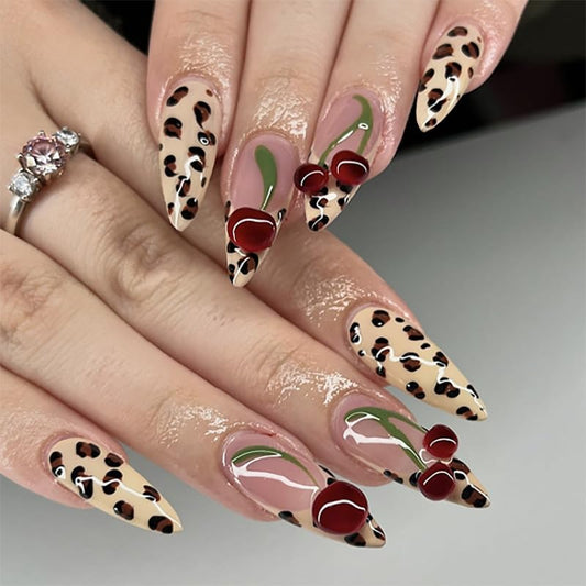 XZMeiLun Spring & Summer 3D Cherry Leopard Print Press On Nails, Medium Almond Cheetah French Tip, Salon Quality Designer Reusable Acrylic Fake Nails Beauty and Personal Care XZMeiLun Default Title