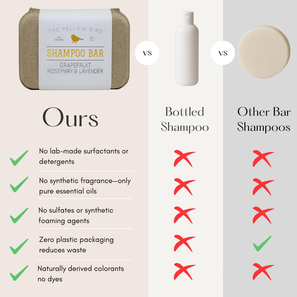 The Yellow Bird Solid Bar Shampoo Soap. Grapefruit, Rosemary, and Lavender. Mild Natural and Organic Ingredients. Sulfate Free. Gentle Scalp + Hair