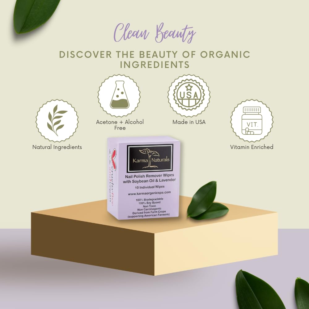 Karma Organic Natural Nail Polish Remover Wipes with Soybean and Lavender Oil, 100% Soy Based, Non-Toxic, Vegan, Cruelty-Free - Pack of 10