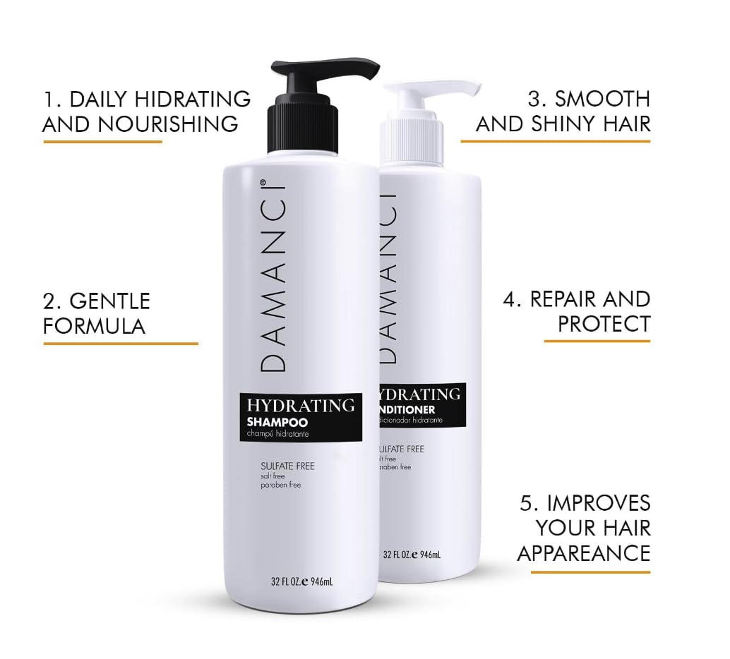 Damanci Hydrating Shampoo and Conditioner Duo, Sulfate Free Shampoo and Conditioner for Dry Hair, with Keratin and Collagen, Paraben and Salt Free