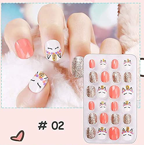Rain Bingo 72 Pieces False Nails Press on Nails for Kids- Unicorn Short Fake Artificial Full Cover Nail Art Kits Transation with Nail Glue Tabs