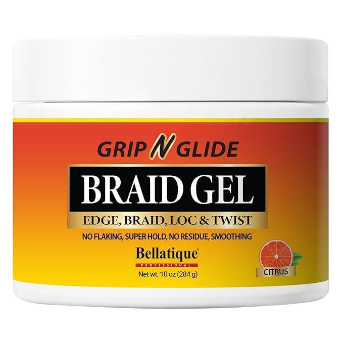 BELLATIQUE GRIP N GLIDE Braiding Gel Maximum Hold for LOC & Twist - No Flaking, No Whitening, Fast Drying, High Shine, Cool & Refreshing, Long Lasting
