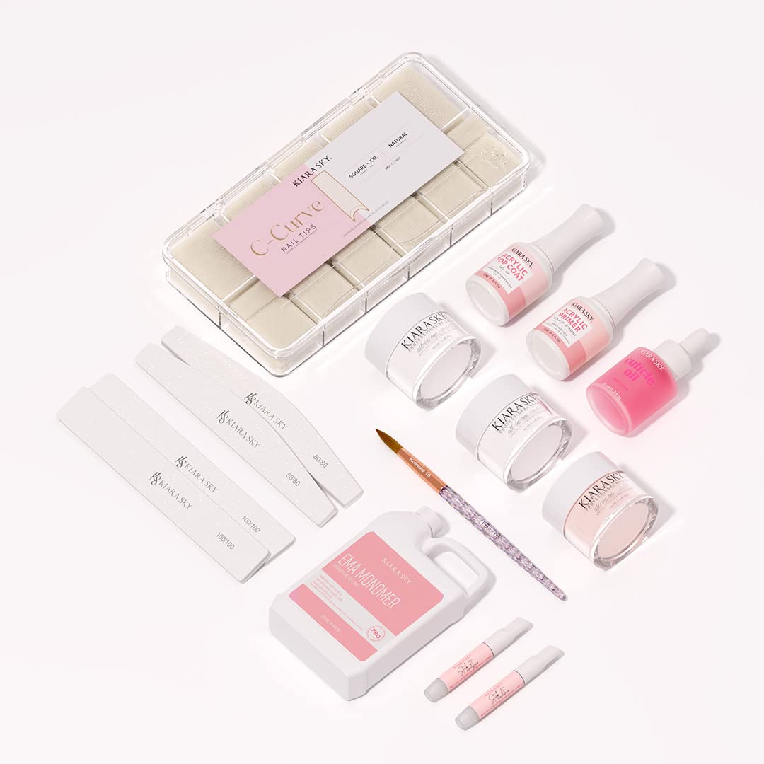 Kiara Sky 14 Piece Acrylic Nail Starter Kit (Includes EMA Monomer, Top Coat, Primer)
