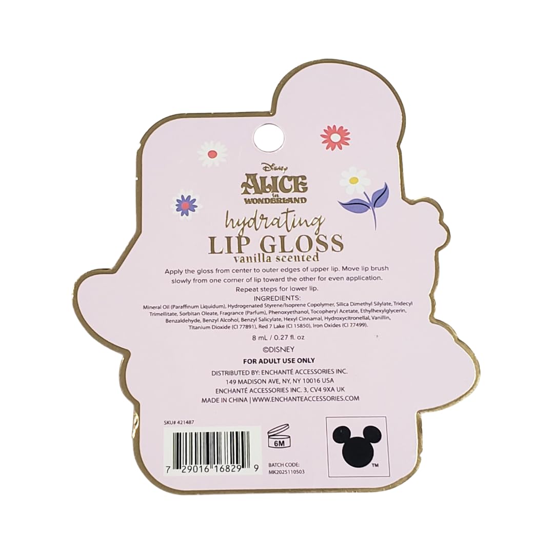 Disney Alice in Wonderland Hydrating Lip Gloss, Vanilla Scented, Moisturizing Glossy Lip Shine, Cheshire Cat Design, 8 mL / 0.27 fl oz