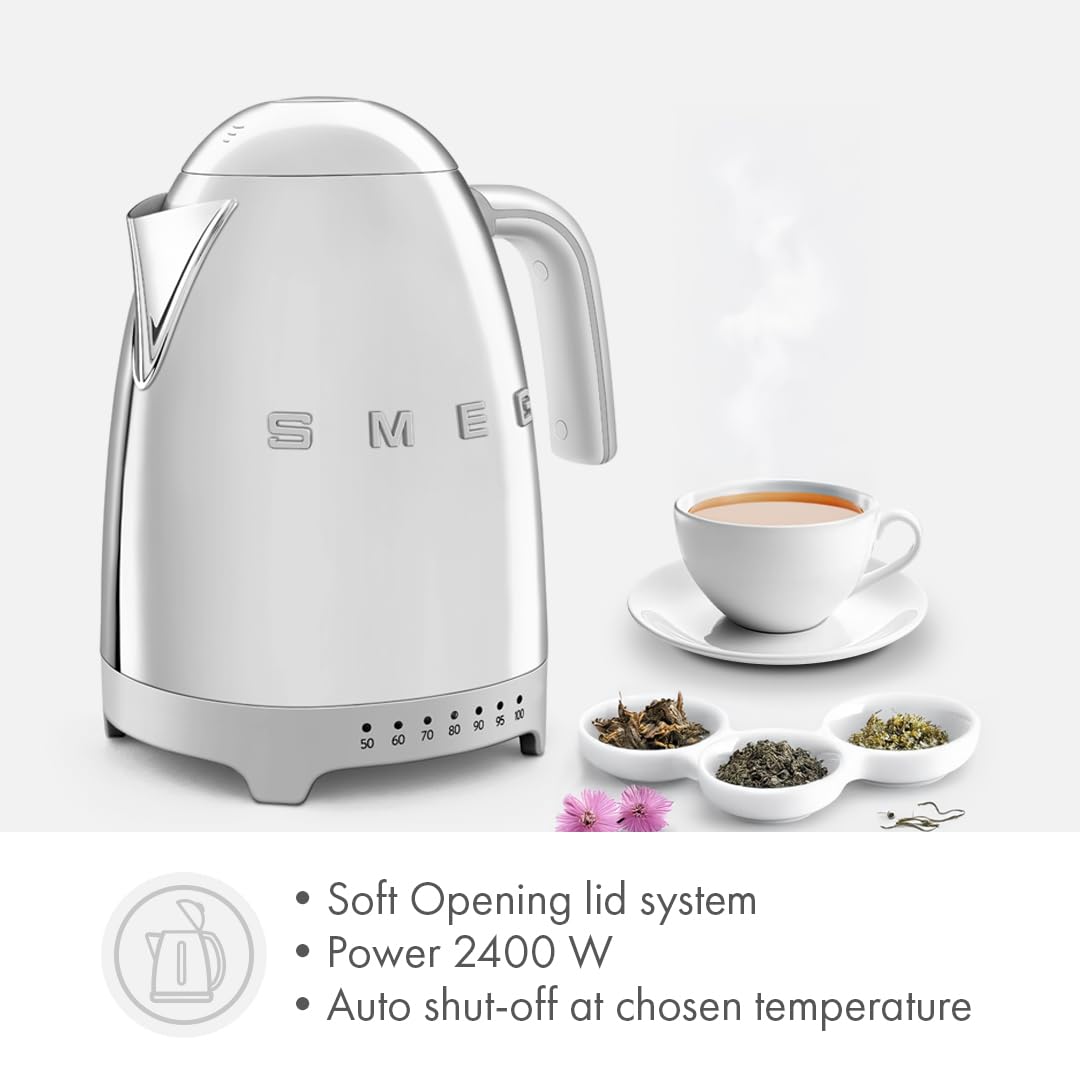 SMEG 7-Cup Variable Temperature Electric Kettle - Retro Style Aesthetic with Advanced Technology - Stainless Steel, 1400W, 120V, 360° Swivel Base…