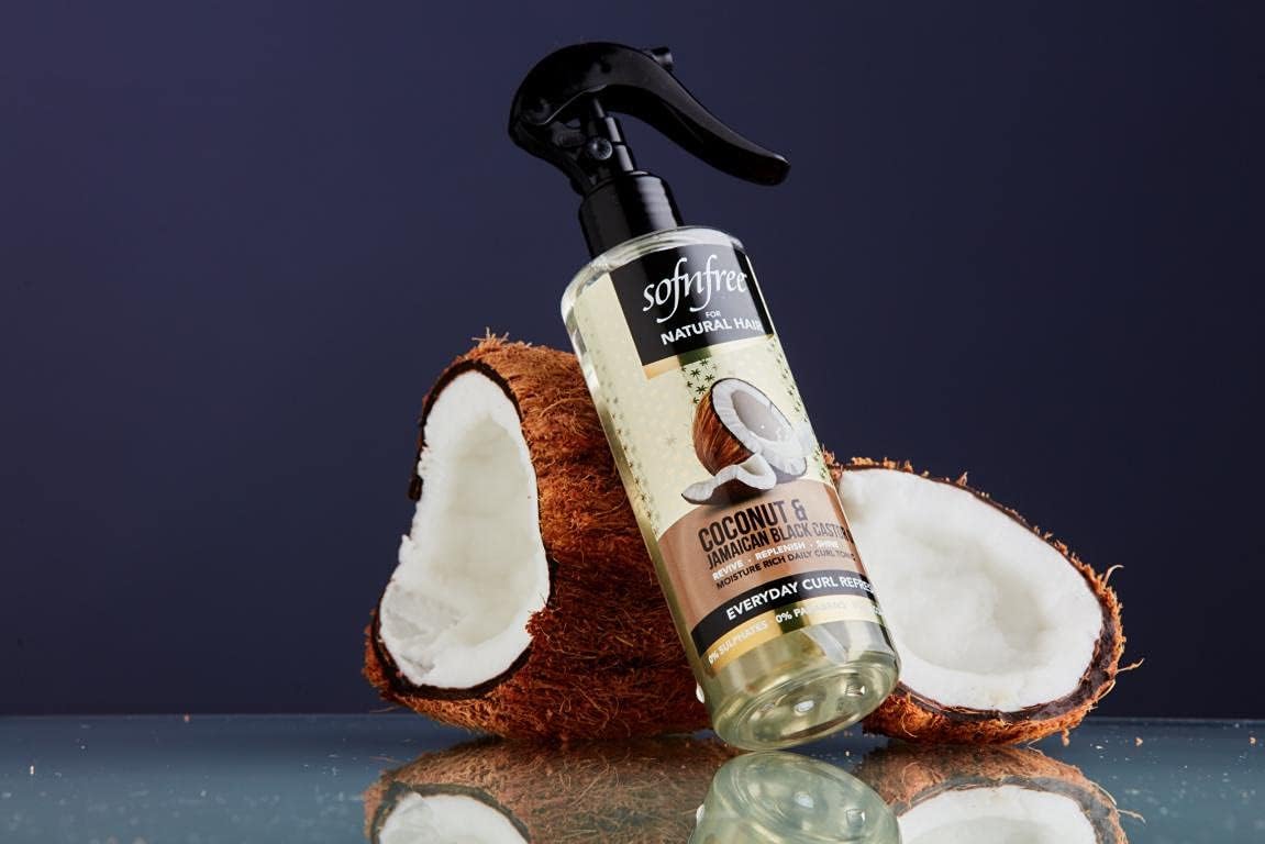 Sofn'free Coconut & Jamaican Black Castor Oil Everyday Curly Refresher Spray, Volumizer and Moisturizer for Styling Dry Hair, Coils and Curls, 8.12 fl