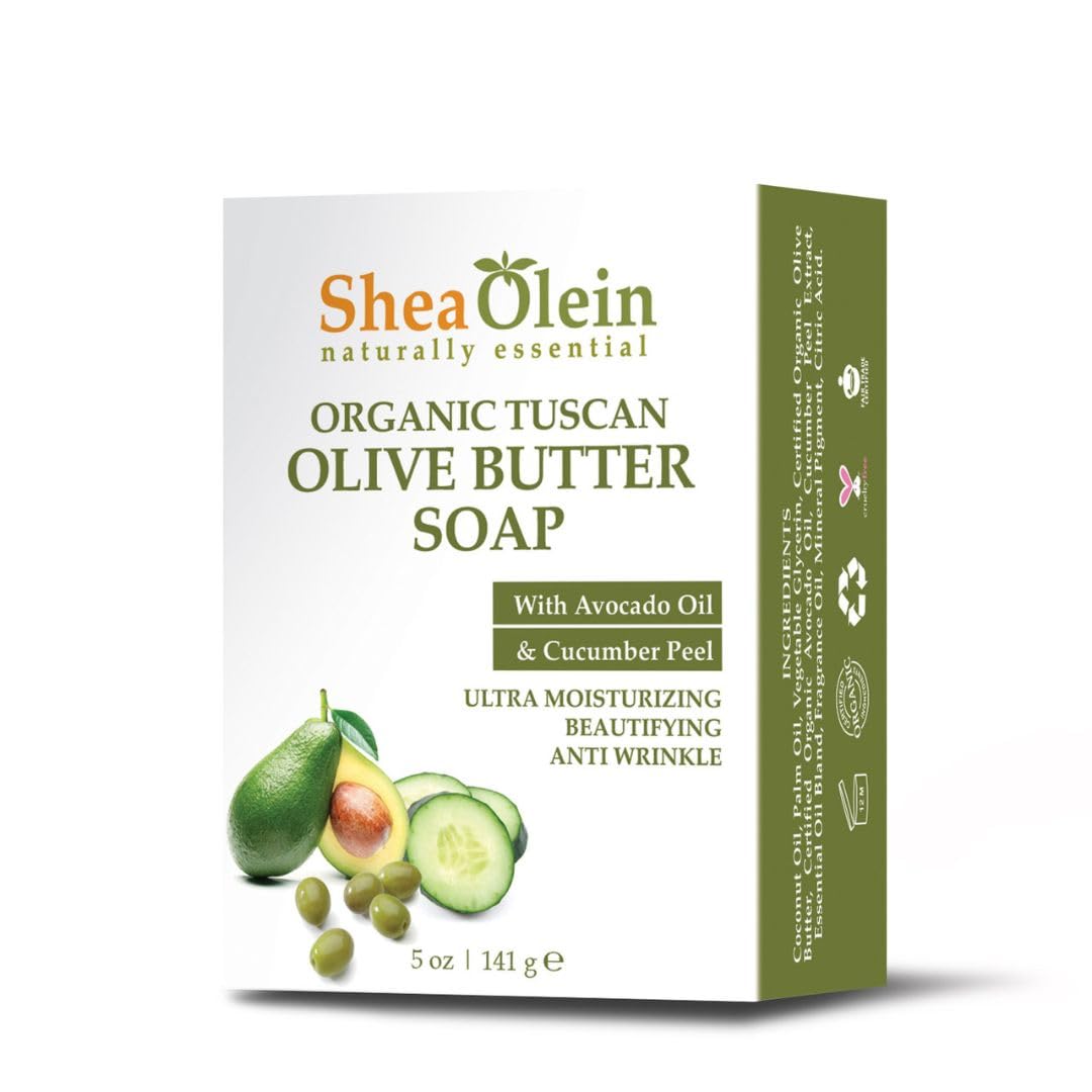 SheaOlein naturally essential Organic TUSCAN OLIVE BUTTER SOAP with Avocado Oil & Cucumber Extract 5 oz Bar (Pack Of Six)