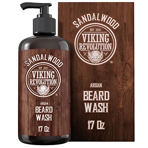 Viking Revolution Beard Wash Shampoo w/Argan & Jojoba Oils - Softens & Strengthens - Sandalwood Scent - 17 oz Shampoo