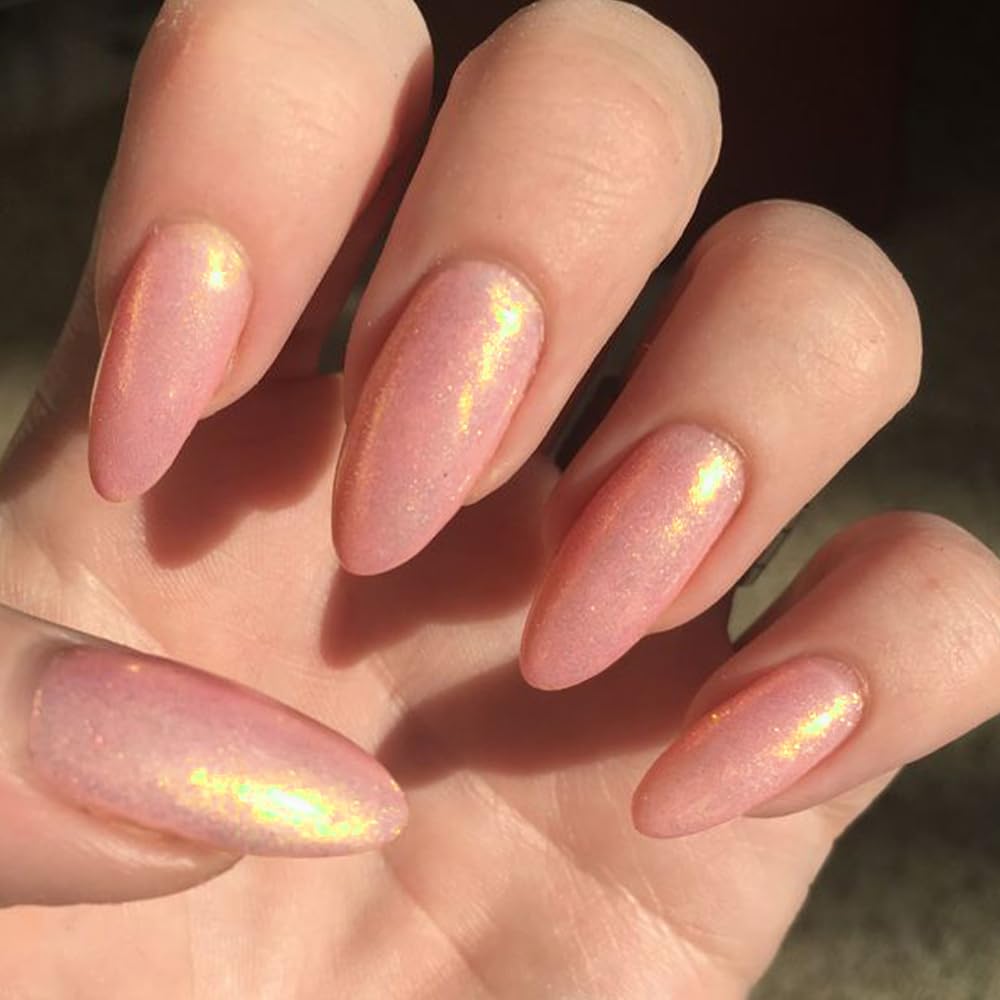 GLAMERMAID Press on Nails Medium Almond, Handmade Glossy Gel Nude Pink Golden Glitter Galaxy Fake Nails Shinny Stiletto, Short Oval Pearl Shimmer