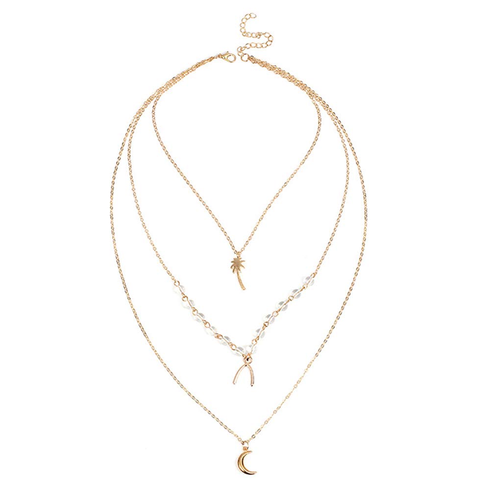 DoubleNine Boho Layered Necklace Crescent Pendant Charm Jewelry Retro Accessories for Women Girls