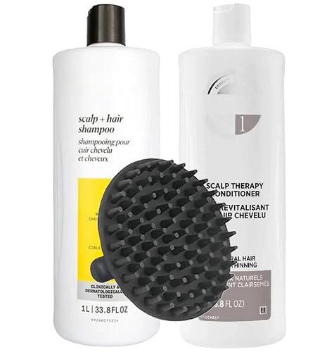 System 1 Cleanser Shampoo & Scalp Therapy Conditioner 1 Liter Duo Set for Normal to Thin-Looking Hair + M Hair Designs Scalp Brush - Professional Hair