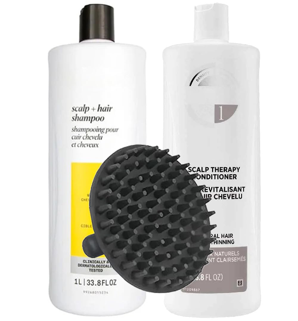 System 1 Cleanser Shampoo & Scalp Therapy Conditioner 1 Liter Duo Set for Normal to Thin-Looking Hair + M Hair Designs Scalp Brush - Professional Hair
