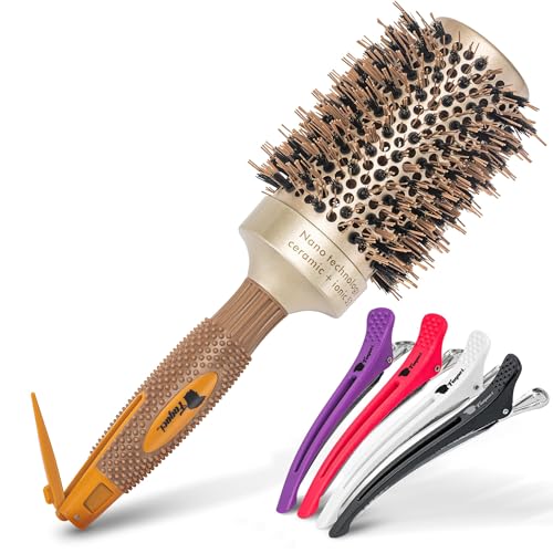Fagaci Professional Large Round Brush with Natural Boar Bristles for Blow Drying, Nano Technology Ceramic+Ionic for Hair Styling, Volumizing