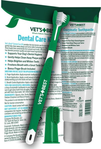 Vet's Best Dog Toothbrush & Toothpaste Kit – Plaque Remover, Whitens Teeth, Freshens Breath, Vet Formula with Finger Brush