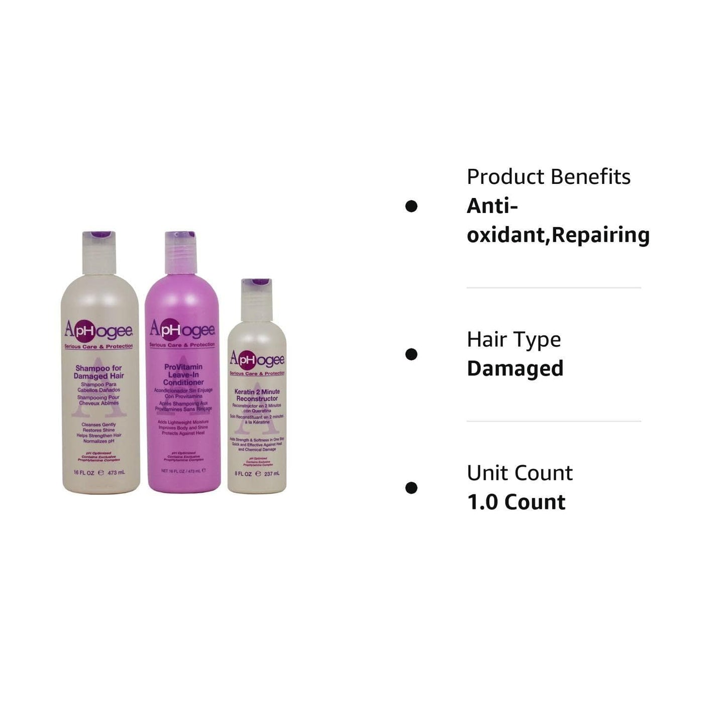 ApHogee Shampoo for Damaged Hair 16 Fl Oz, ProVitamin Leave-In Conditioner 16 Fl Oz, Keratin 2 Minute Reconstructor 8 Fl Oz Set