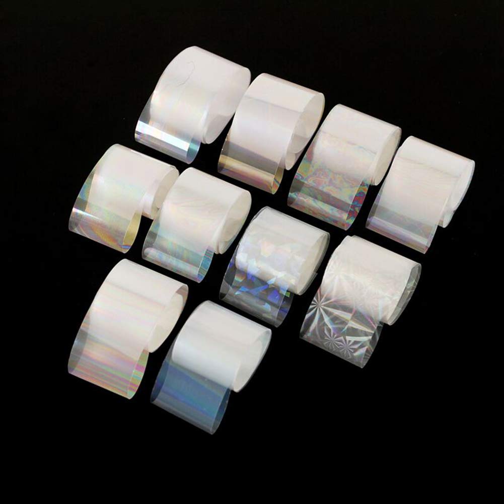 WOKOTO 10 Rolls White Pearl Color Holographic Nail Art Foil Transfer Roll Set Mix-Pattern Stickers Nails Transfer Decals Wraps Kit(1.0inchs*39.4inchs