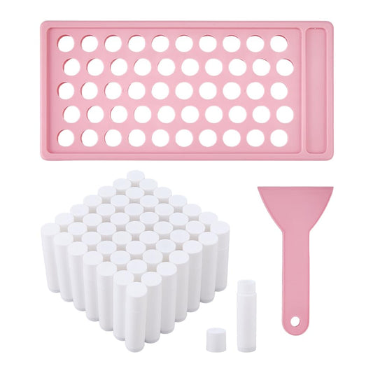 DICOSMETIC Lip Balm Tubes with Pink Filling Tray and Spatula Set Including 50Pcs 5G White Empty Lip Balm Containers with Caps for DIY Homemade Beauty and Personal Care DICOSMETIC