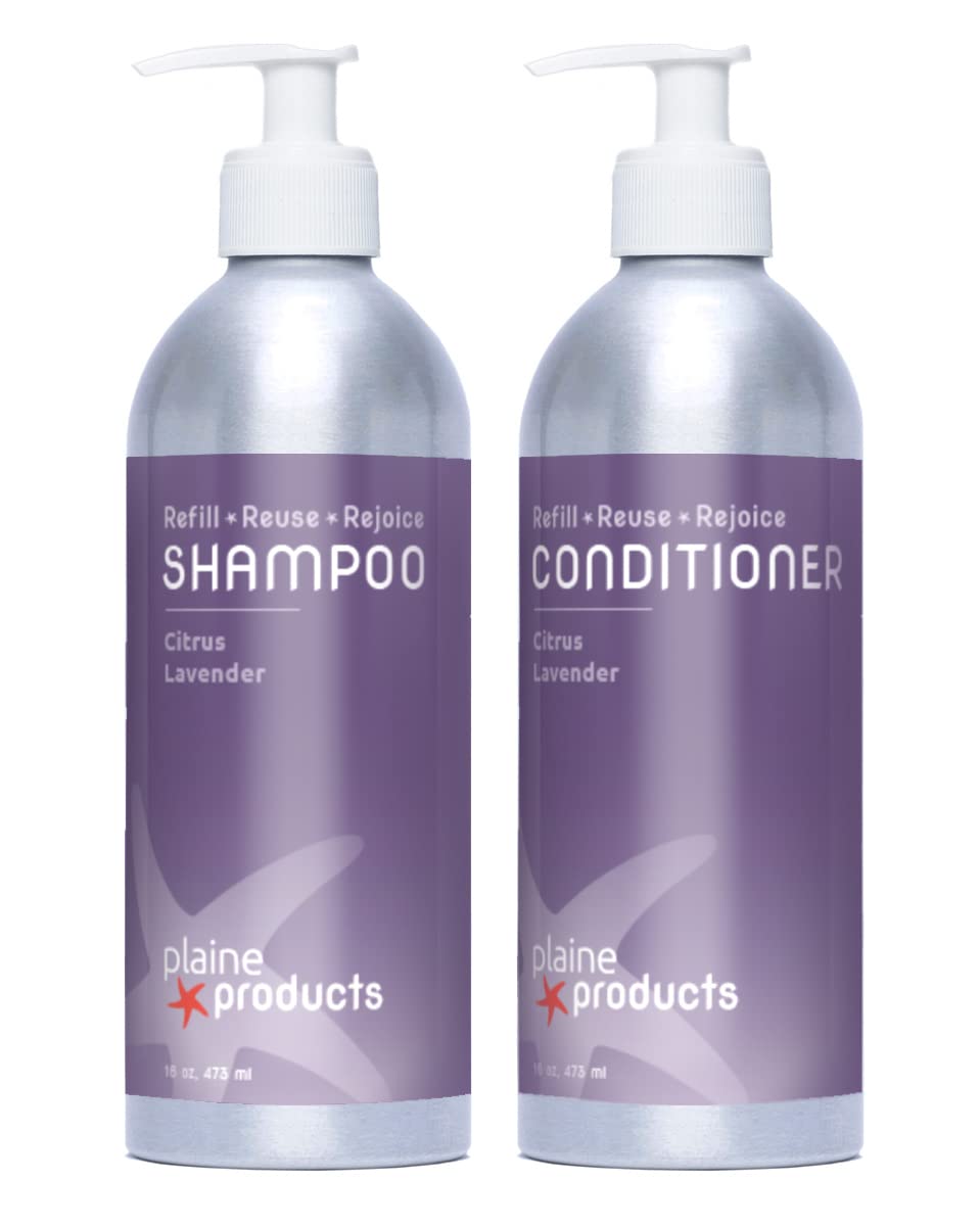 Plaine Products Eco-Friendly Shampoo and Conditioner - Citrus Lavender - Sulfate/Paraben/Phthalate Free, 16oz (Refillable Aluminum Bottles with Pumps)
