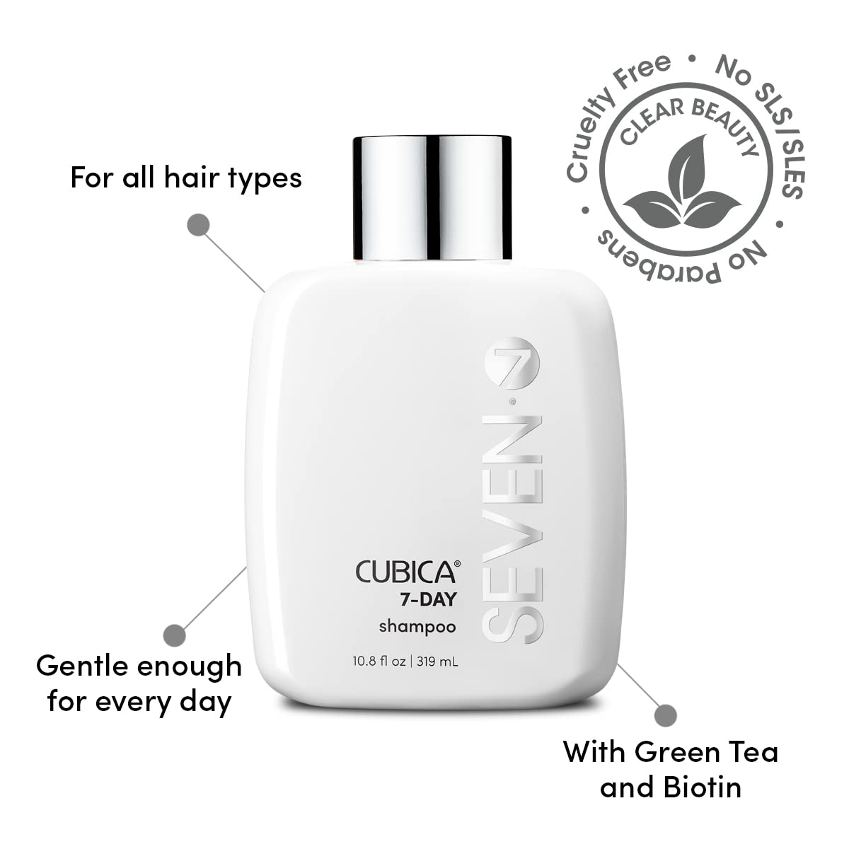 SEVEN Haircare Cubica 7-DAY Shampoo for Women, Men, All Hair Types, Add Shine and Moisture to Hair, Sulfate & Paraben Free, Cruelty Free with Biotin +