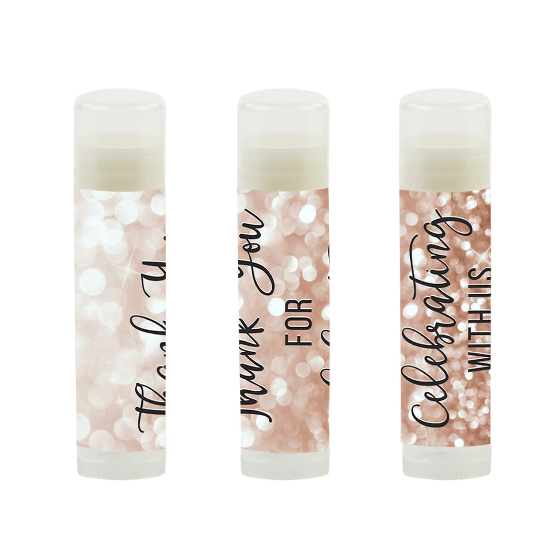 Andaz Press Bridal Shower Bachelorette Party Lip Balm Party Favors, Faux Rose Gold Glitter Shimmer, Thank You for Celebrating With Us, Bridesmaid Lip