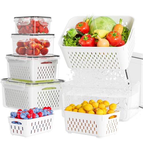 KEMETHY 5 Pack Fruit Storage Containers for Fridge with Removable Colanders - Food Storage Containers with Lids, BPA-Free Produce Containers Keep…