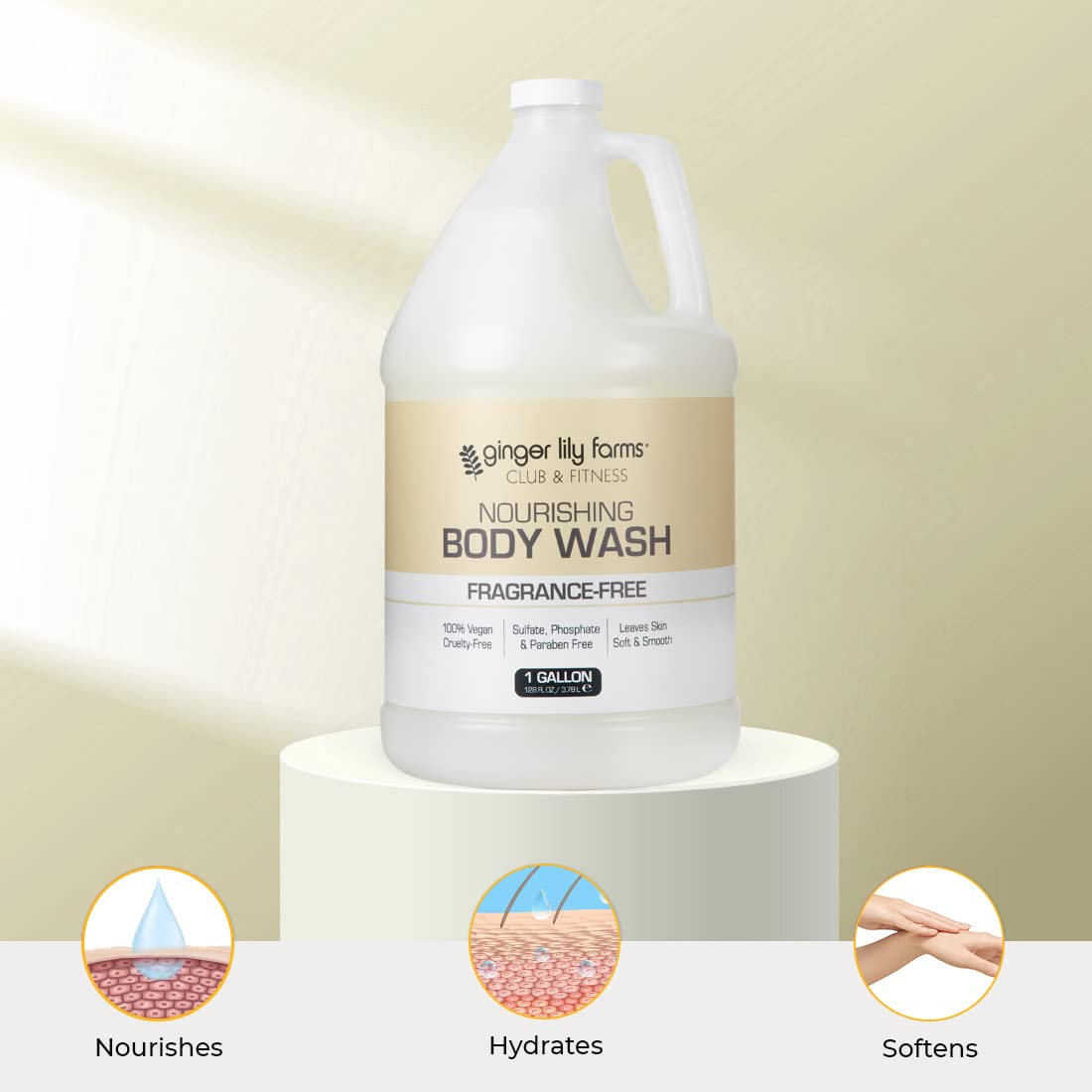 Ginger Lily Farms Club & Fitness Nourishing Body Wash, 100% Vegan & Cruelty-Free, Bath & Shower Gel for Men and Women, Fragrance Free, 1 Gallon (128