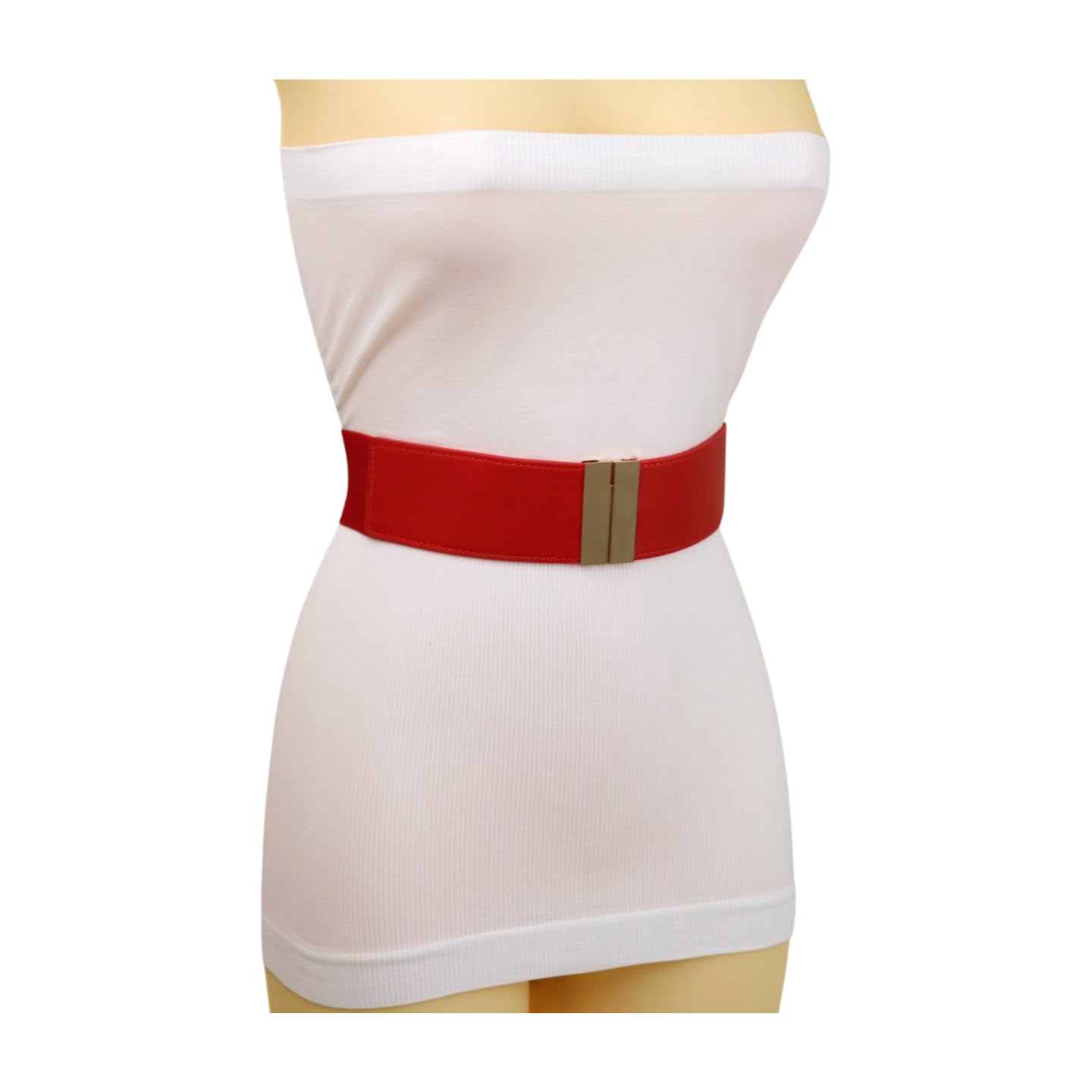 Women Fashion Wide Elastic Belt High Waist Hip Gold Metal Buckle S M Red z006