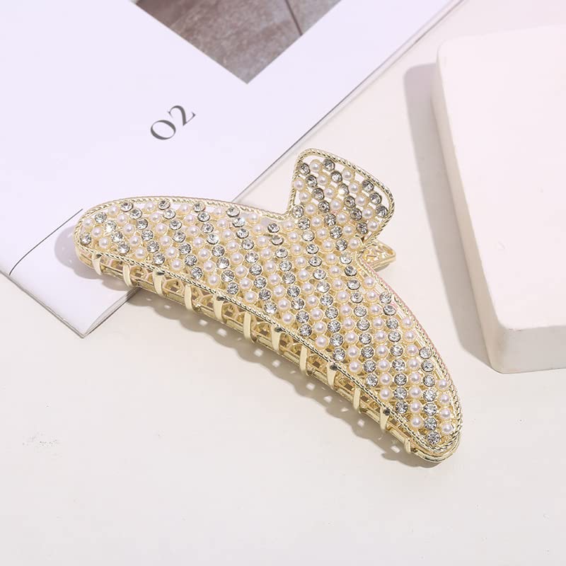 2 Pack Large Rhinestone Hair Clips, Crystal Pearl Hair Claw Clips, Black Gold Jumbo Jaw Clip, Nonslip Hair Claw for Thick Long Hair, Fashion Hair