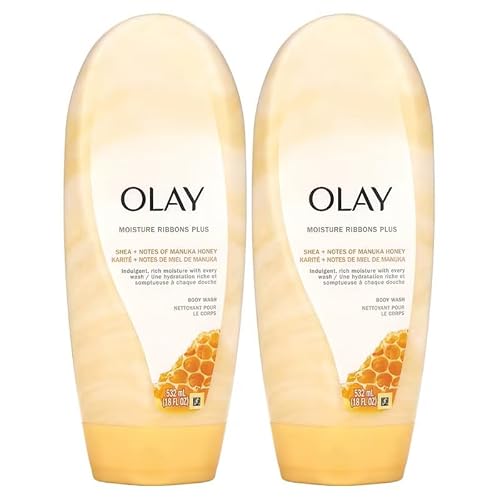 Olay Moisture Ribbons Plus Body Wash with Shea + Notes of Manuka Honey, Long-Lasting Moisture and Soft, Smooth Skin 18 FL OZ (Pack of 2)