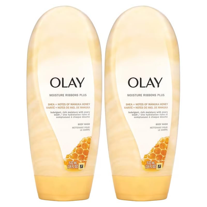 Olay Moisture Ribbons Plus Body Wash with Shea + Notes of Manuka Honey, Long-Lasting Moisture and Soft, Smooth Skin 18 FL OZ (Pack of 2)