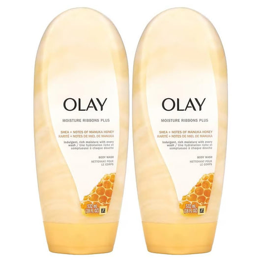 Olay Moisture Ribbons Plus Body Wash with Shea + Notes of Manuka Honey, Long-Lasting Moisture and Soft, Smooth Skin 18 FL OZ (Pack of 2)