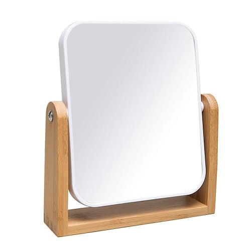 YEAKE Vanity Makeup Mirror with Natural Bamboo Stand, 8 Inch Double Sided 360 Degree Swivel Magnifying Mirror for Table, Desk, Countertop Shaving Make
