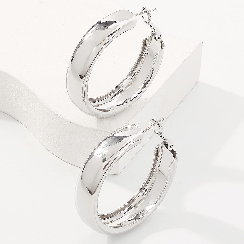 JWICOS Silver Lightweight Chunky Hoop Earrings for Women Tube Acrylic Large Round Open Loop Earrings (Silver)