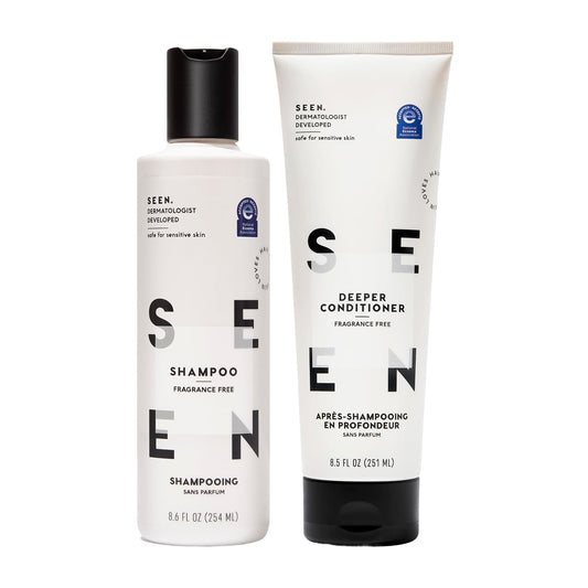 SEEN Shampoo & Deeper Conditioner Bundle, Fragrance Free - Non-Comedogenic Hair Care Set, Dermatologist-Developed, Safe for Sensitive, Eczema