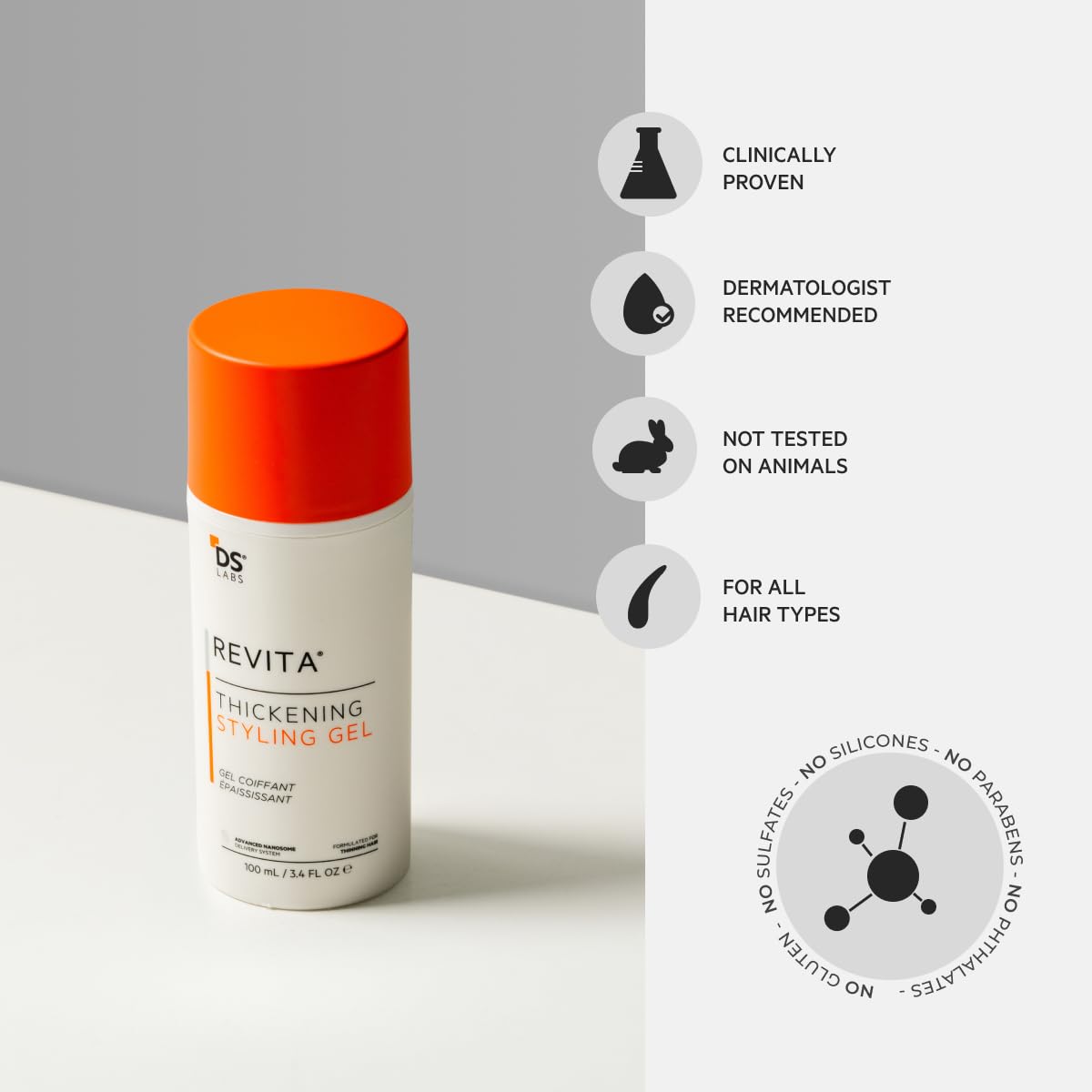 DS Labs Revita Hair Styling Gel for All Hair Types - Medium Hold, Volumizing & Thicker Looking Finish, With Ginseng, Zinc & Caffeine, Water Based, No